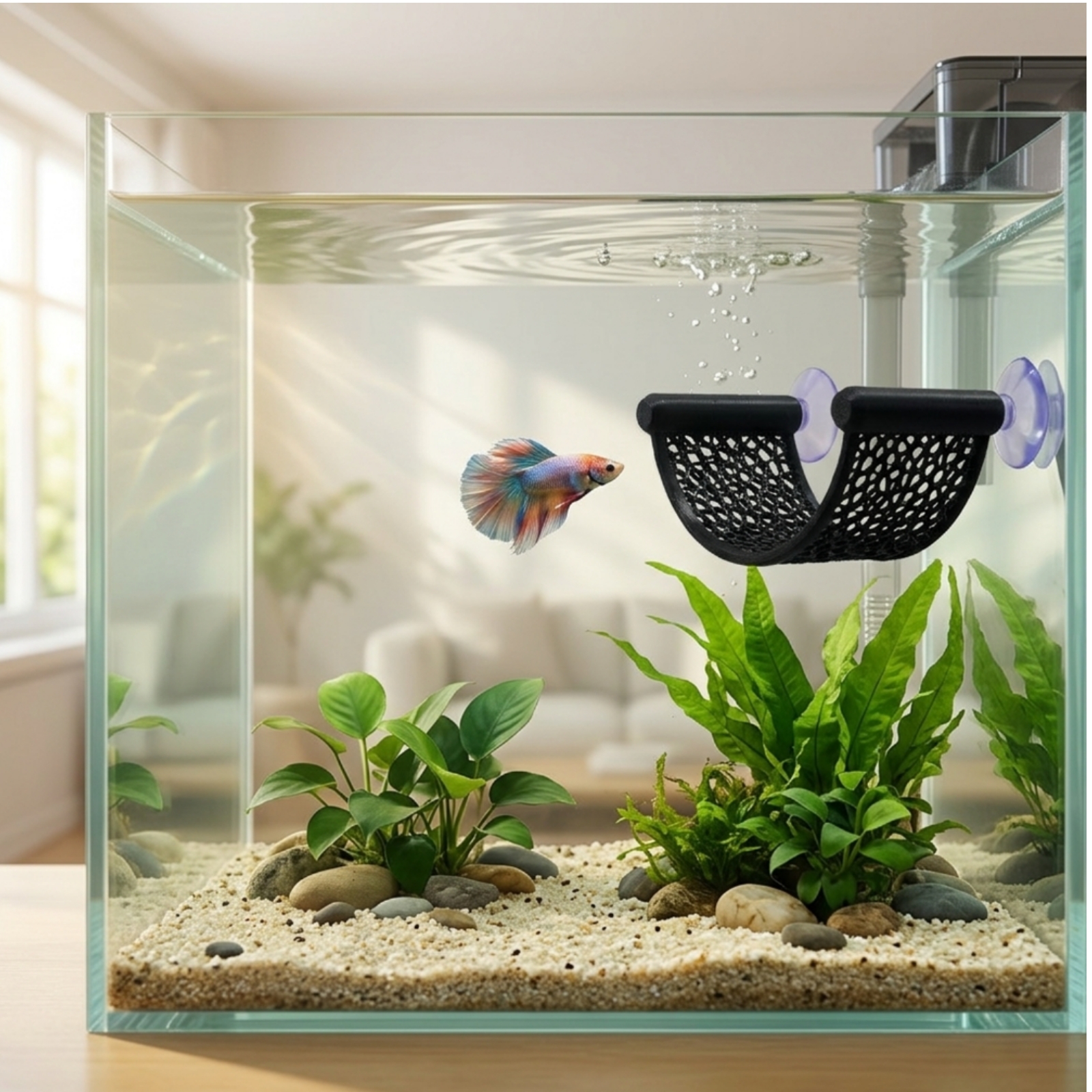 Aquarium Plants - ที่นอนปลาเบตต้าแบบตาข่าย ติดตั้งง่าย พร้อมถ้วยดูด สำหรับตู้ปลา ตู้ปลาน้ำจืด